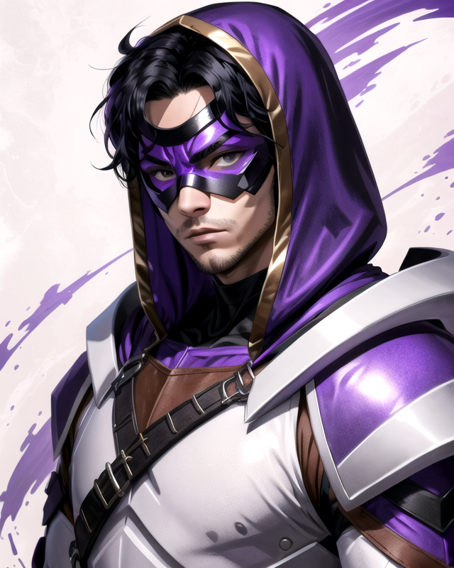 00060-4236363478-man, (purple DominoMask_1.1), black hair, brown eyes, white and purple costume armor, hood, detailed eyes, white backdrop,  _lor.png